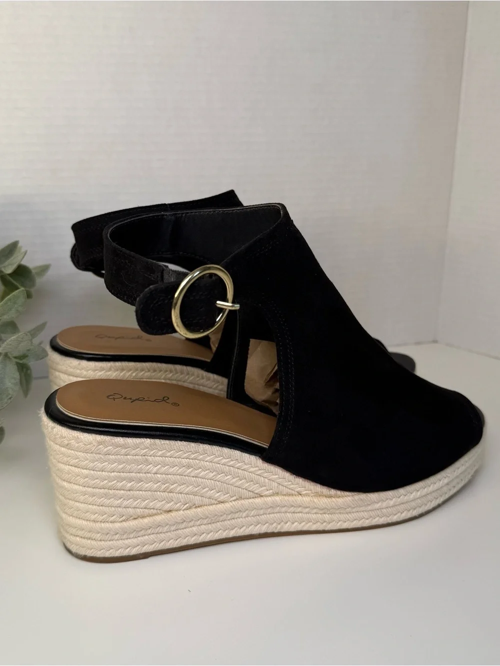 Qupid Caleb Black & Beige Open-Toe Espadrille Wedge Boho Sandals Womens Size 10